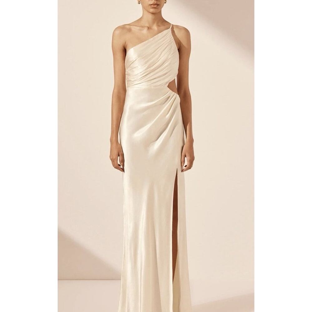 Shona Joy La Lune One Shoulder Side Cutout Slit Slip Maxi Dress Gown Cream Ivory
